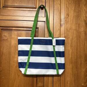 Clinique x Kate Spade Navy White Stripe Green Shoulder Tote Bag